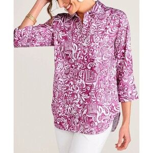 Soft Surroundings Easy Care Stretch Woven 3/4 Sleeve Big Shirt Berry Floral Sz L